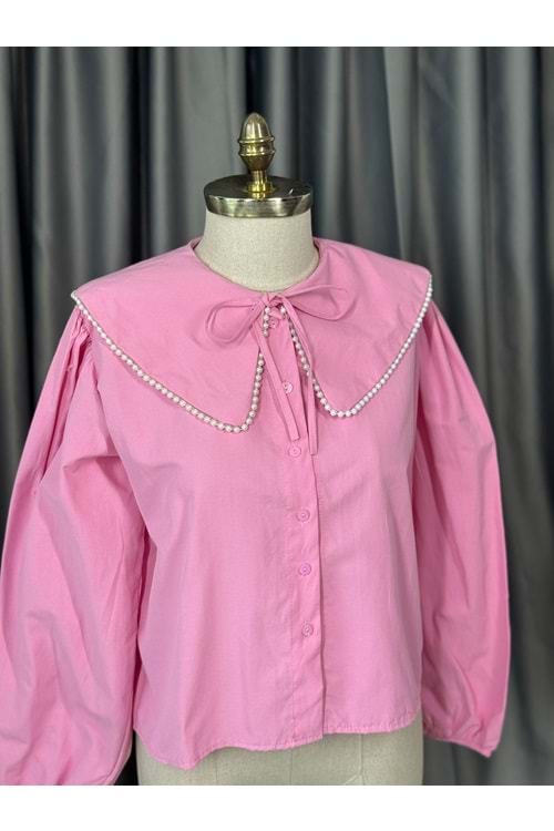 Bebe Yaka İnci Detaylı Crop Gömlek 792 - Pembe - L-XL - AZRA05679-46784