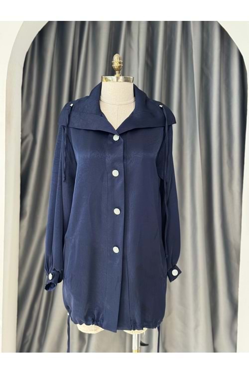 Saten Parlak Düğmeli Kap 3252 - Lacivert - L-XL - AZRA05703-46975