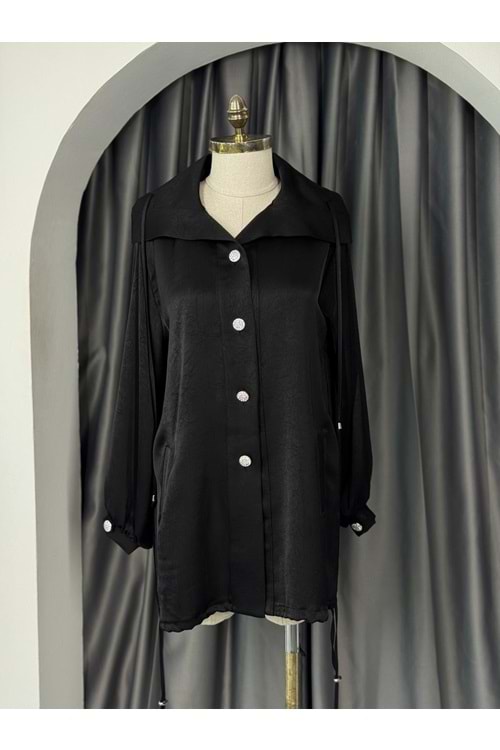 Saten Parlak Düğmeli Kap 3252 - Siyah - L-XL - AZRA05703-46977