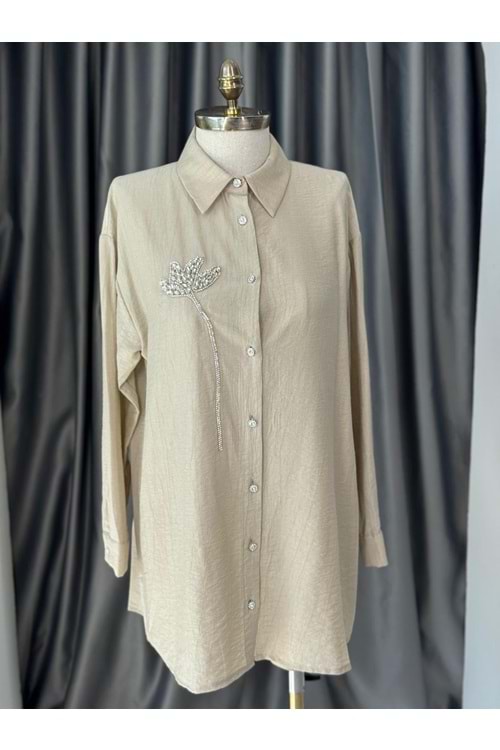 Taş Çiçekli Çilek Gömlek 3230 - Bej - L-XL - AZRA05706-46994