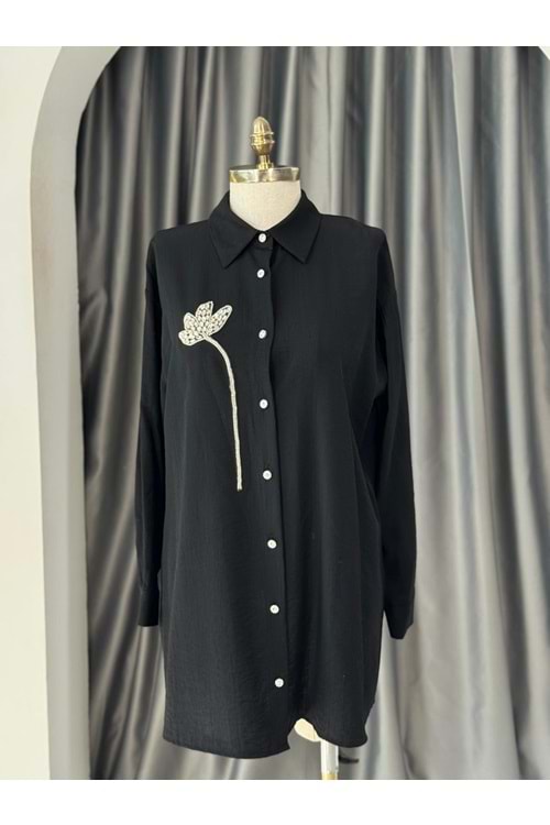 Taş Çiçekli Çilek Gömlek 3230 - Siyah - L-XL - AZRA05706-46996