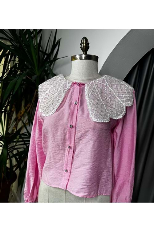 Boncuklu Bebe Yaka Gömlek 4457 - Pembe - 40 - AZRA05716-47083