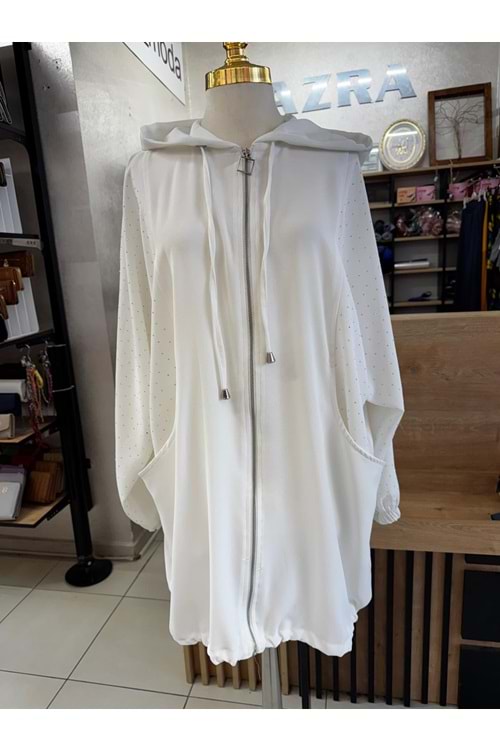 Oversize Kanguru Cepli Pullu Kot 140105 - Beyaz - 36 - AZRA05722-47192