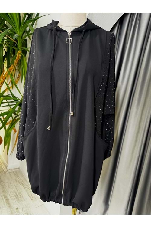 Oversize Kanguru Cepli Pullu Kot 140105 - Siyah - 38 - AZRA05722-47201