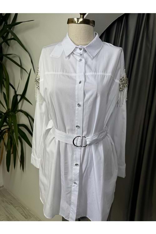 Kolları Taşlı Beli Kemerli Gömlek 170171 - Beyaz - TEK BEDEN - AZRA05723-47205