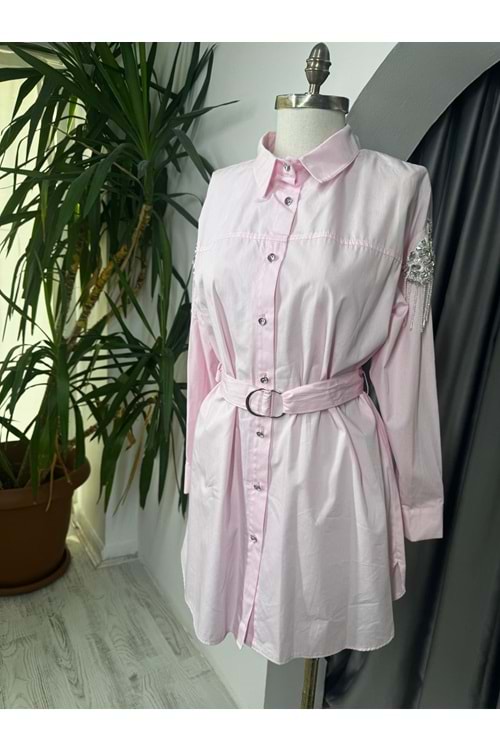Kolları Taşlı Beli Kemerli Gömlek 170171 - Pembe - TEK BEDEN - AZRA05723-47207