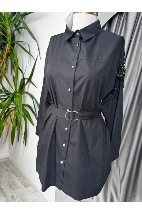 Kolları Taşlı Beli Kemerli Gömlek 170171 - Siyah - TEK BEDEN - AZRA05723-47209