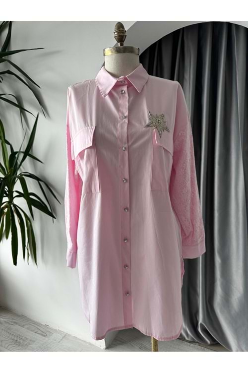 Yıldız Taşlı Kolları Güpürlü Gömlek 170179 - Pembe - TEK BEDEN - AZRA05739-47303