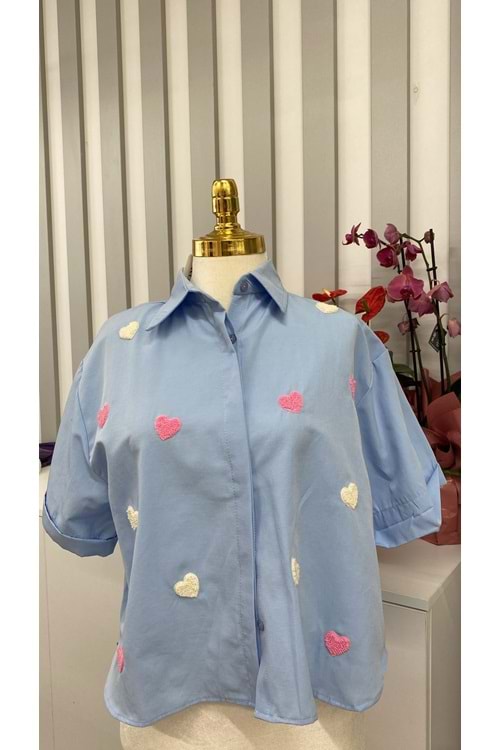 Kalp Nakışlı Gömlek 2105 - Mavi - TEK BEDEN - AZRA05770-47552