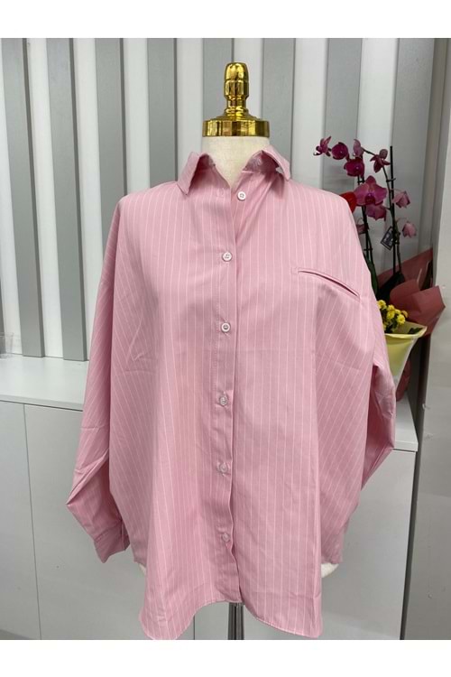 Çizgili Cep Görünümlü Gömlek 006825 - Pembe - L - AZRA05813-47903