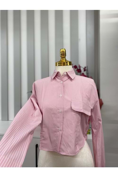 Çizgili Kısa Crop Gömlek 007025 - Pembe - M - AZRA05814-47909
