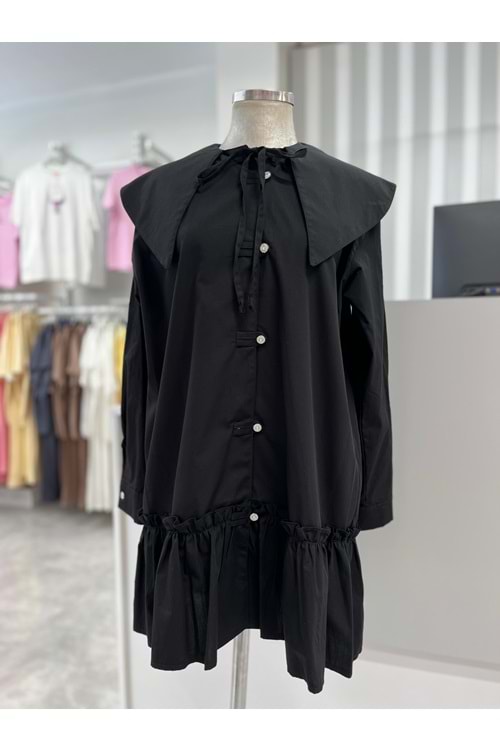 Yakası Fiyonklu Taşlı Düğmeli Gömlek 170192 - Siyah - 40 - AZRA05876-48524