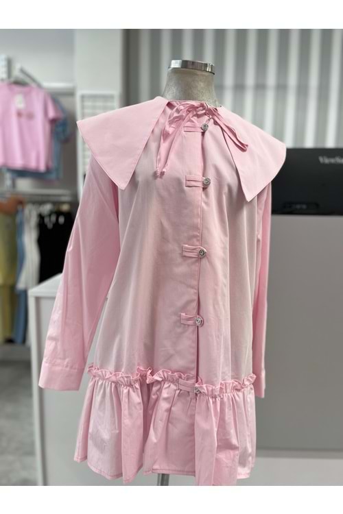 Yakası Fiyonklu Taşlı Düğmeli Gömlek 170192 - Pembe - 40 - AZRA05876-48528