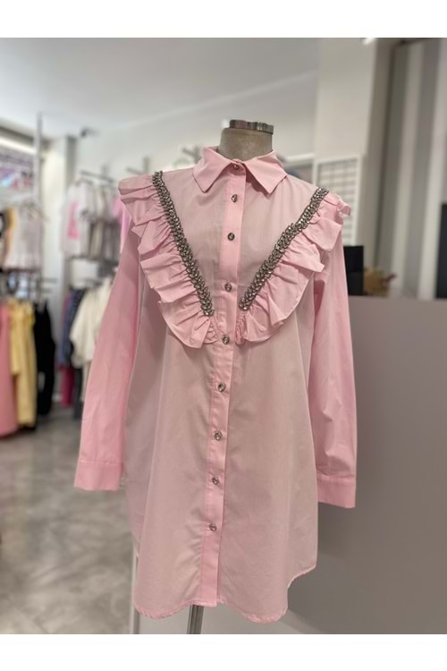 V Desen Buğday Taşlı Gömlek 170190 - Pembe - 40 - AZRA05877-48549