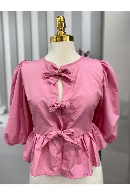 Fiyonklu Balon Kol Gömlek 087 - Pembe - M