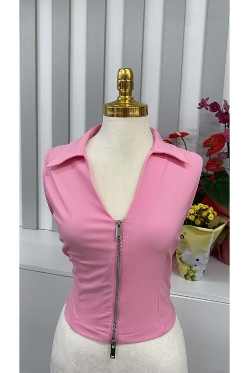 Önü Fermuarlı Yelek 0558 - Pembe - M