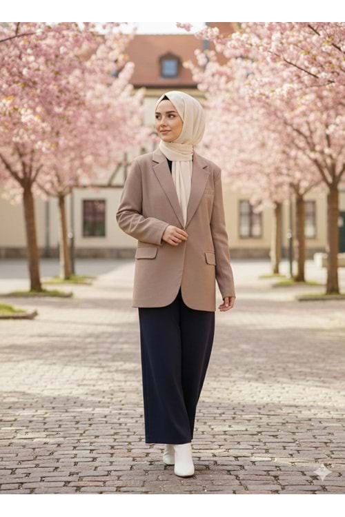 Oversize Modal Ceket 9549 - Bej - TEK BEDEN