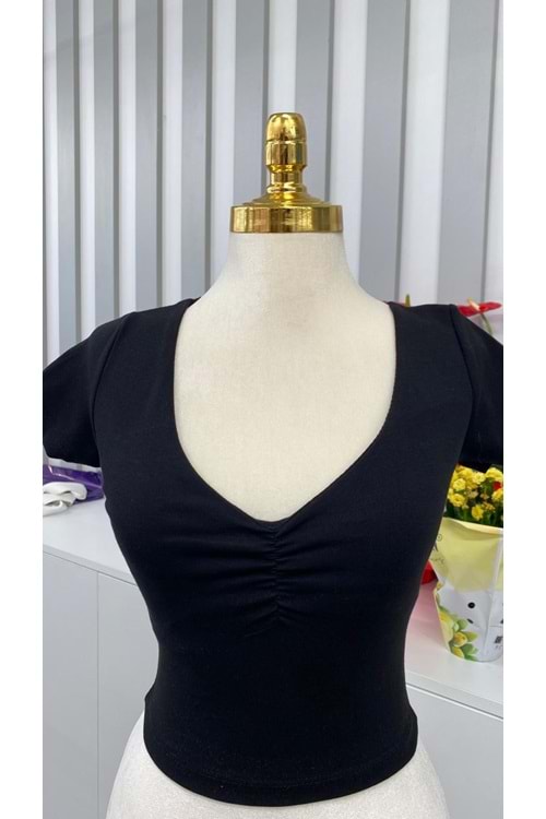 V Yaka Büzgülü Crop 4225 - Siyah - L