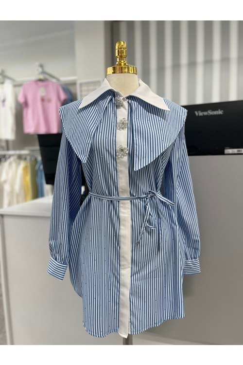 Serpme Pullu Bebe Yaka Gömlek 170191 - Mavi - 36