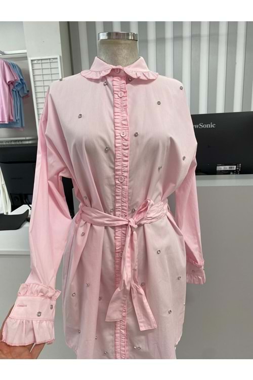 Taşlı Fırfırlı Gömlek 170176 - Pembe - 40