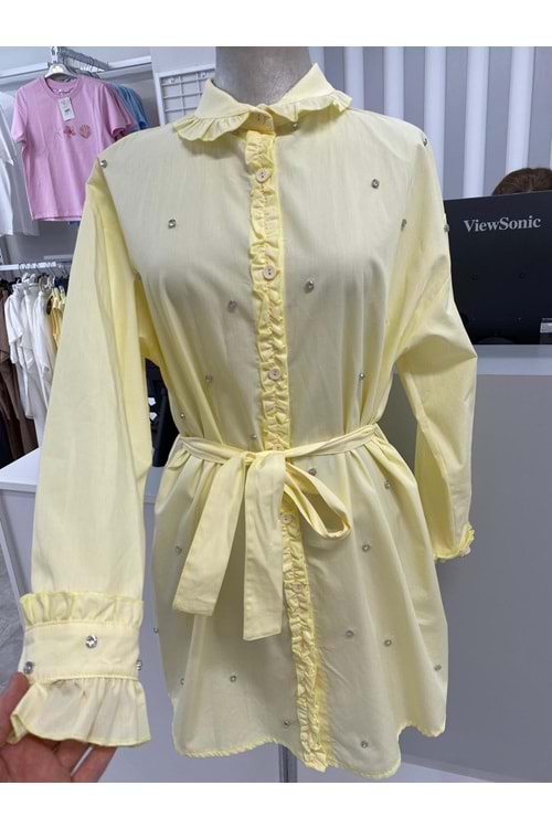 Taşlı Fırfırlı Gömlek 170176 - Sarı - 42