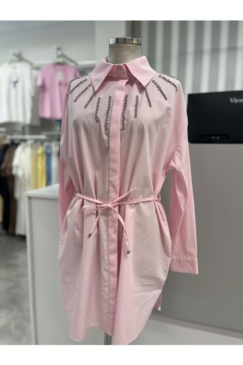 Göğüs Taş Detaylı Gömlek 17095 - Pembe - 38