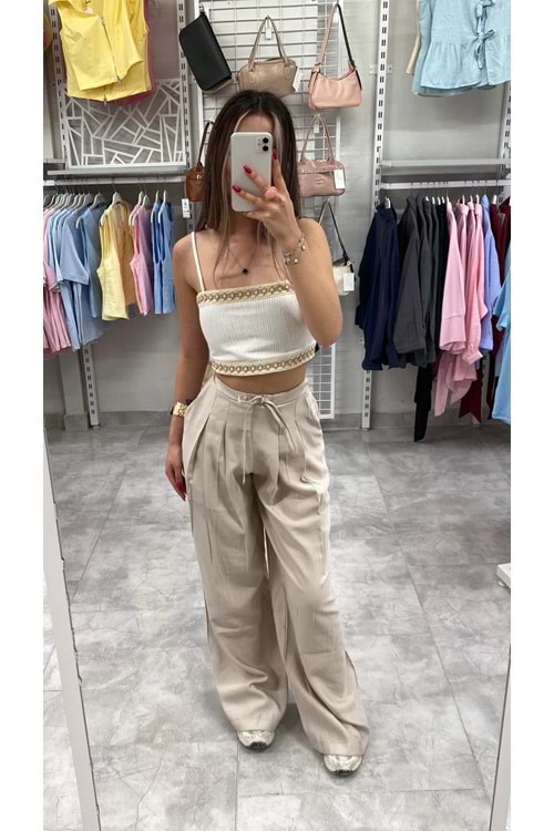 Keten İşlemeli Crop 0554 - Bej - M