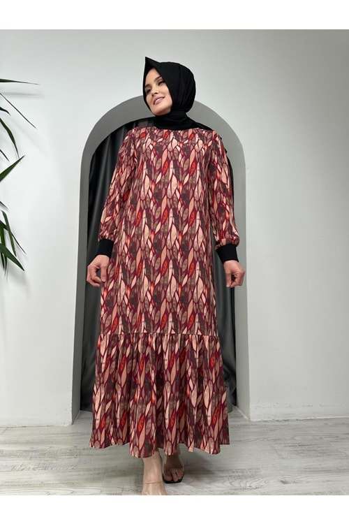 Yaprak Desenli Elbise 2564 - azra fashion - Bordo - 42-44