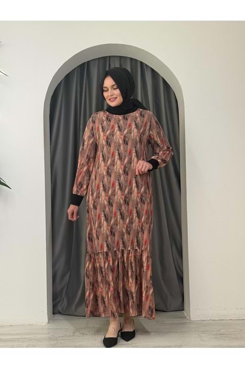 Yaprak Desenli Elbise 2564 - azra fashion - Gri - 50-52