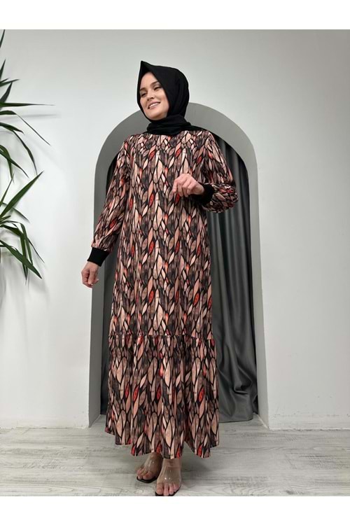 Yaprak Desenli Elbise 2564 - azra fashion - Siyah - 38-40