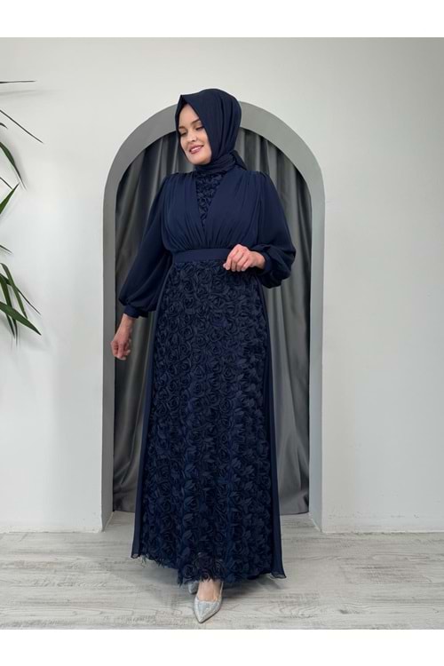 Kolu ve Etek Ucu Güllü Abiye Elbise 4661 - Lacivert - 40