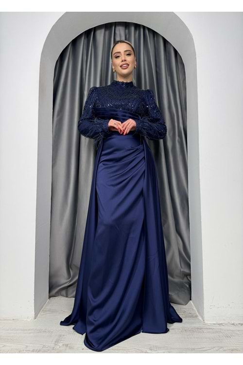 Kolları Boncuk Detaylı Saten Abiye Elbise 4652 - Lacivert - 40