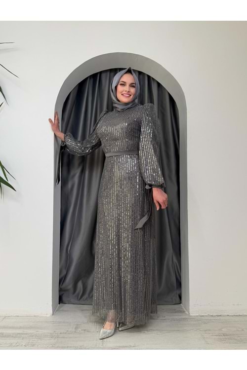 Pullu Payet Abiye Elbise 7060 - Gri - 38