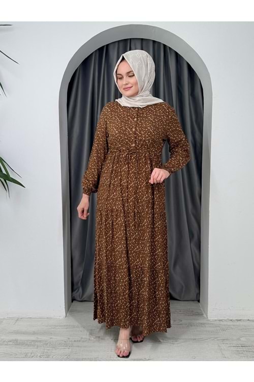 Minik Çiçekli Beli Büzgülü Elbise 1433 - Kahve Rengi - 50-52