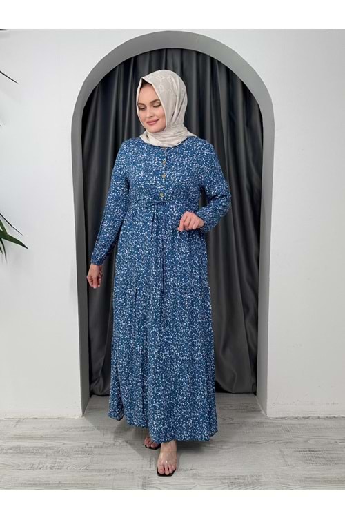 Minik Çiçekli Beli Büzgülü Elbise 1433 - Lacivert - 42-44