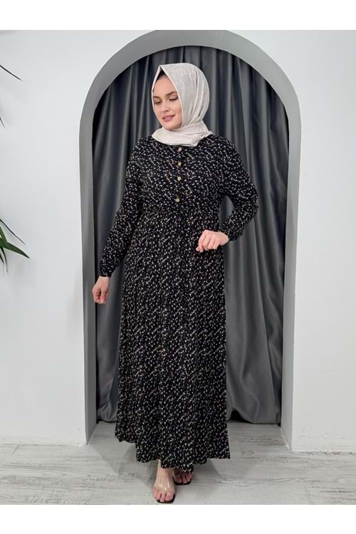 Minik Çiçekli Beli Büzgülü Elbise 1433 - Siyah - 42-44