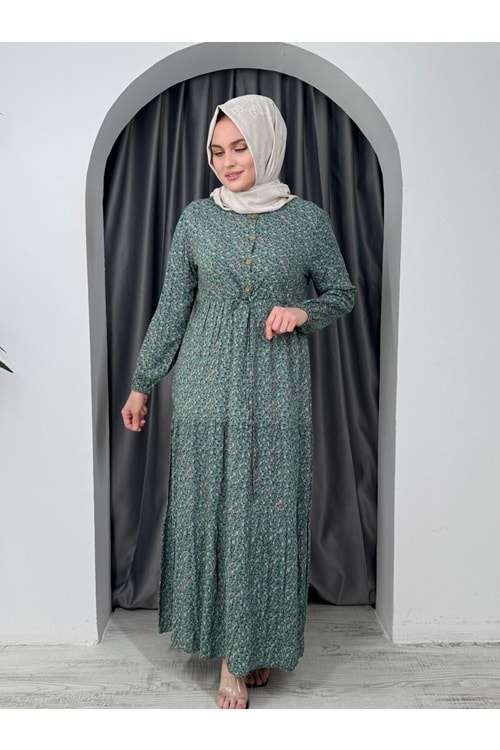 Minik Çiçekli Beli Büzgülü Elbise 1433 - Su Yeşili - 42-44