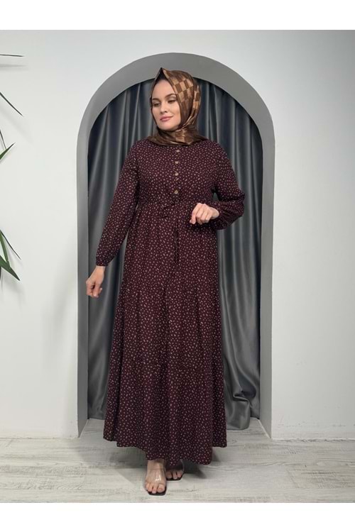 Minik Desen Viskon Elbise 1437 - Kahve Rengi - 50-52