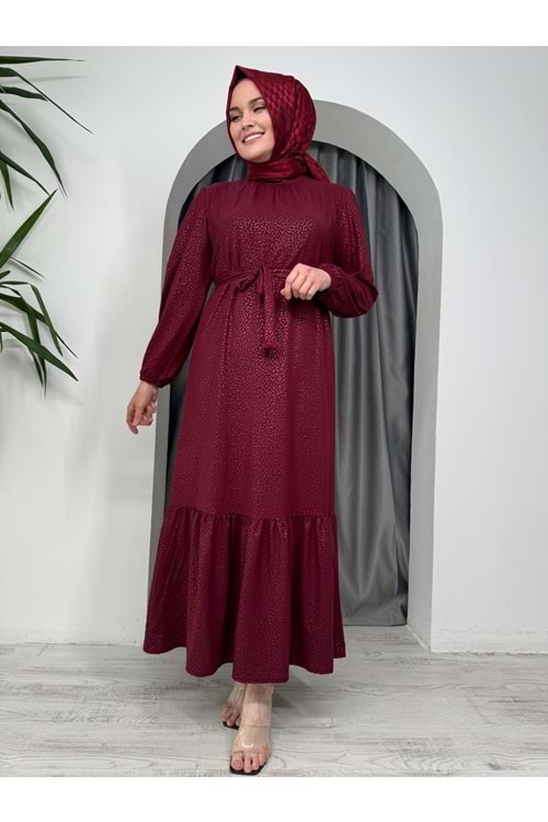 Leopar Desen Soğuk Baskı Elbise 2580 - Bordo - L-XL