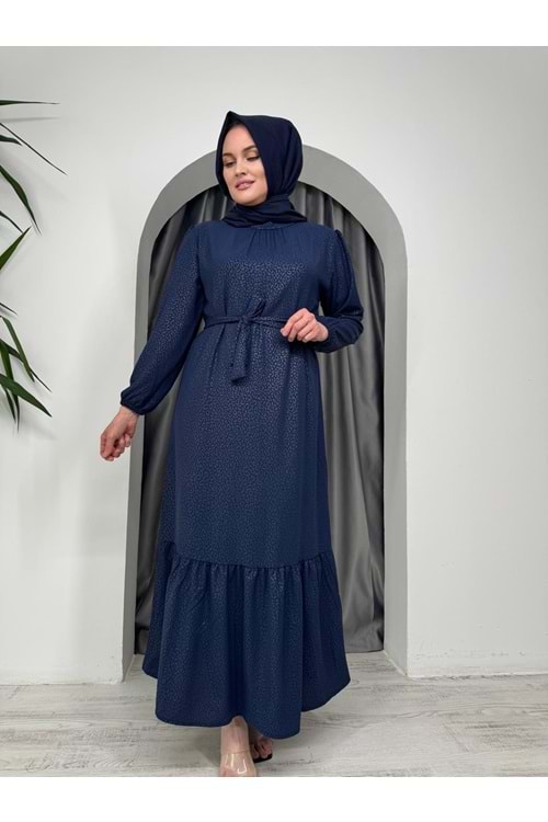 Leopar Desen Soğuk Baskı Elbise 2580 - Lacivert - M-L