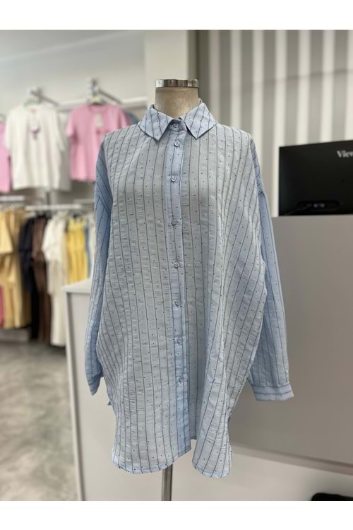 Çizgili Gömlek 16641 - azra fashion - Mavi - TEK BEDEN
