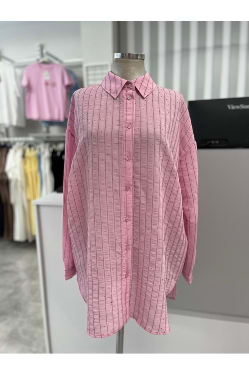 Çizgili Gömlek 16641 - azra fashion - Pembe - TEK BEDEN