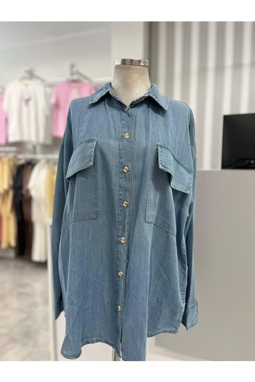 Oversize Tensel Gömlek - azra fashion - Mavi - TEK BEDEN