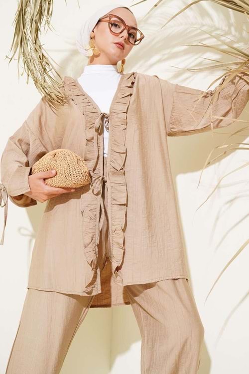 Fırfırlı Bağlamalı Takım 8013 - Bej - L-XL - AZRA06061-53449