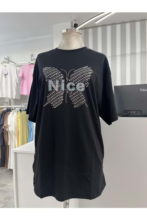 Kelebek Taşlı Tişört 251081 - Siyah - S