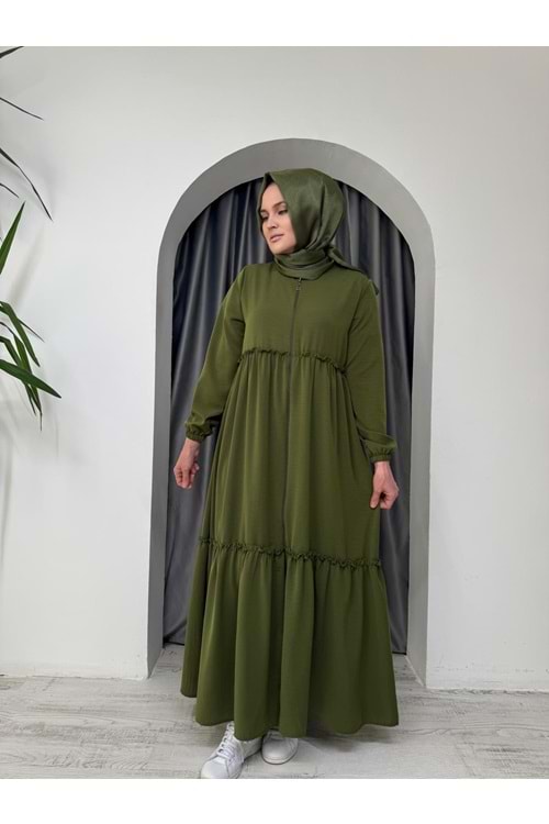 Beli Büzgülü Eteği Fırfırlı Ferace 5568 - Yeşil - 42-44