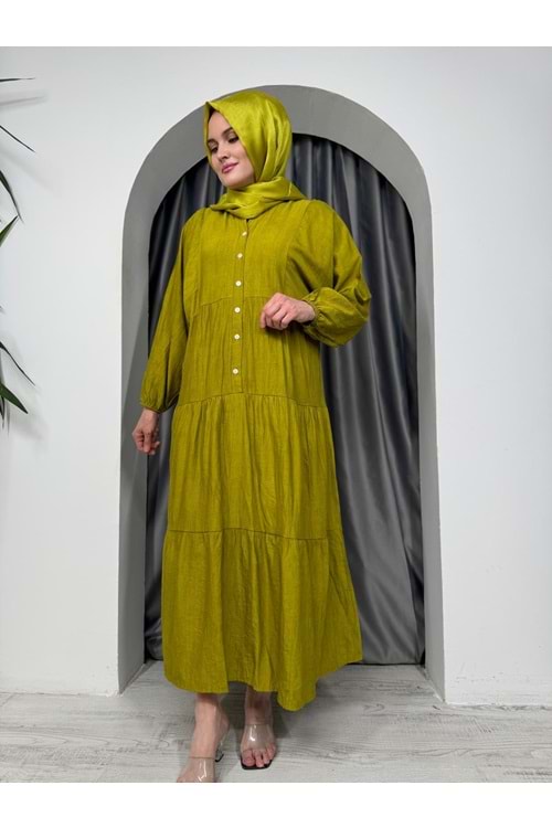 Düğmeli Kat Kat Elbise 2385 - Yağ Yeşili - S-M