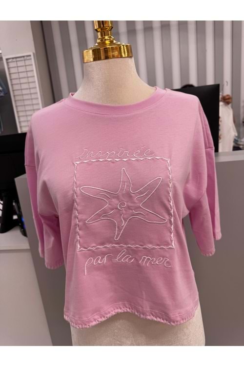 Yıldız Baskılı Kol Detaylı T-Shirt 10541 - Pembe - L