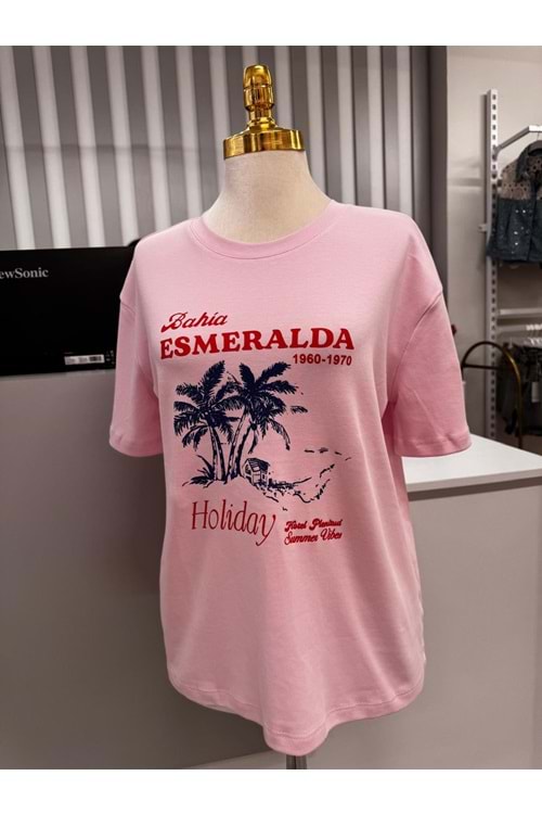 Palmiye Baskı T-shirt 10637 - Pembe - L