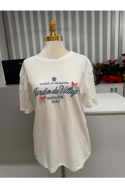 Kurdele Detaylı T-shirt 10308 - Beyaz - L